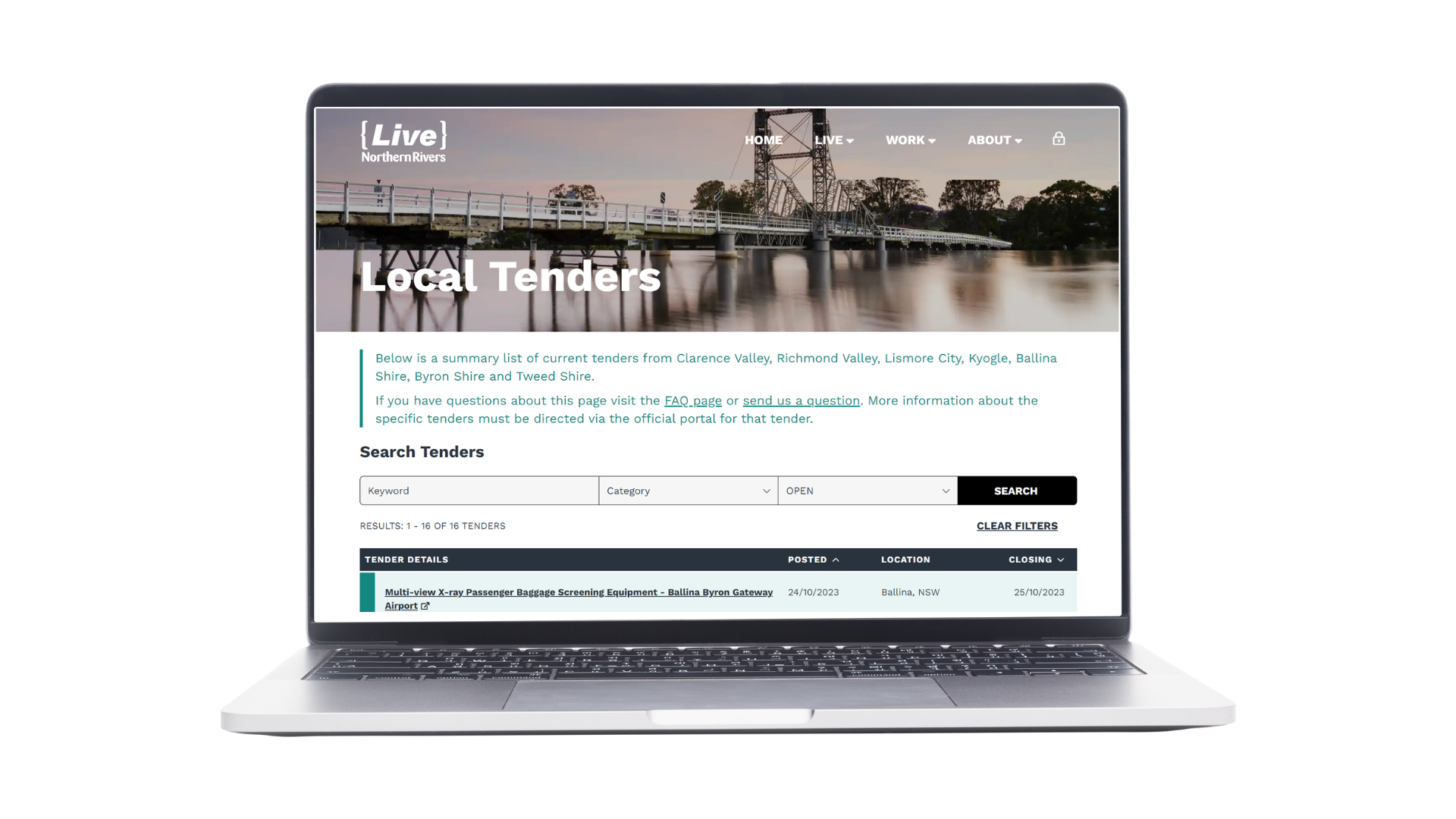 Computer screen view of the local tenders portal on Live Northern Rivers