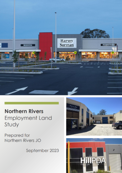 Cover of the Northern Rivers Employment Land Study featuring images of a Harvey Norman storefront and commercial buildings