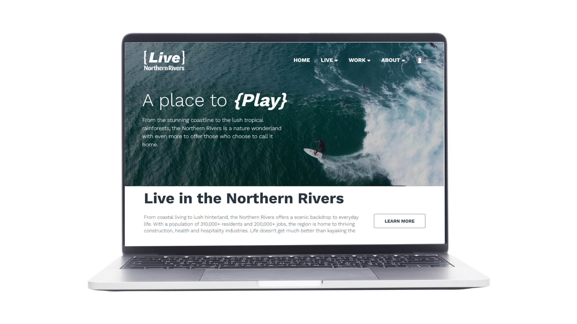 LNR laptop nobackgd open laptop showing the Live Northern Rivers website homepage